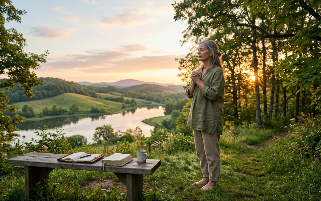 Women standing and praying in peaceful scene focusing on mind, body and spirit wellness