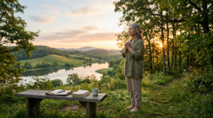 Women standing and praying in peaceful scene focusing on mind, body and spirit wellness