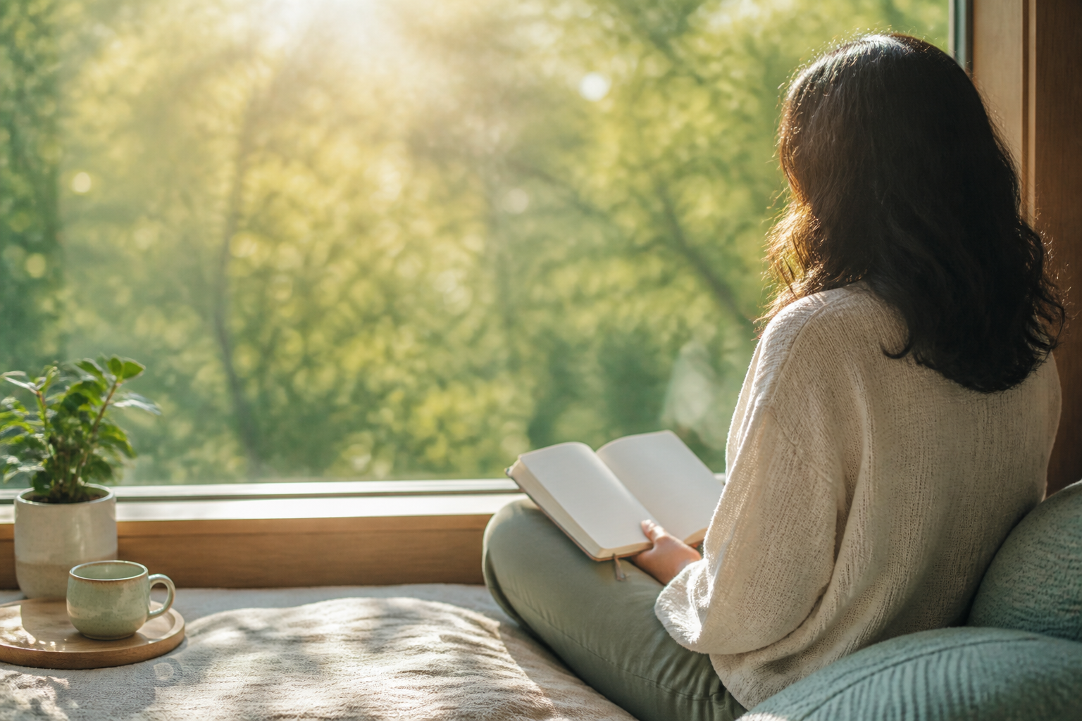 A person quietly reflecting with a journal beside a sunlit window