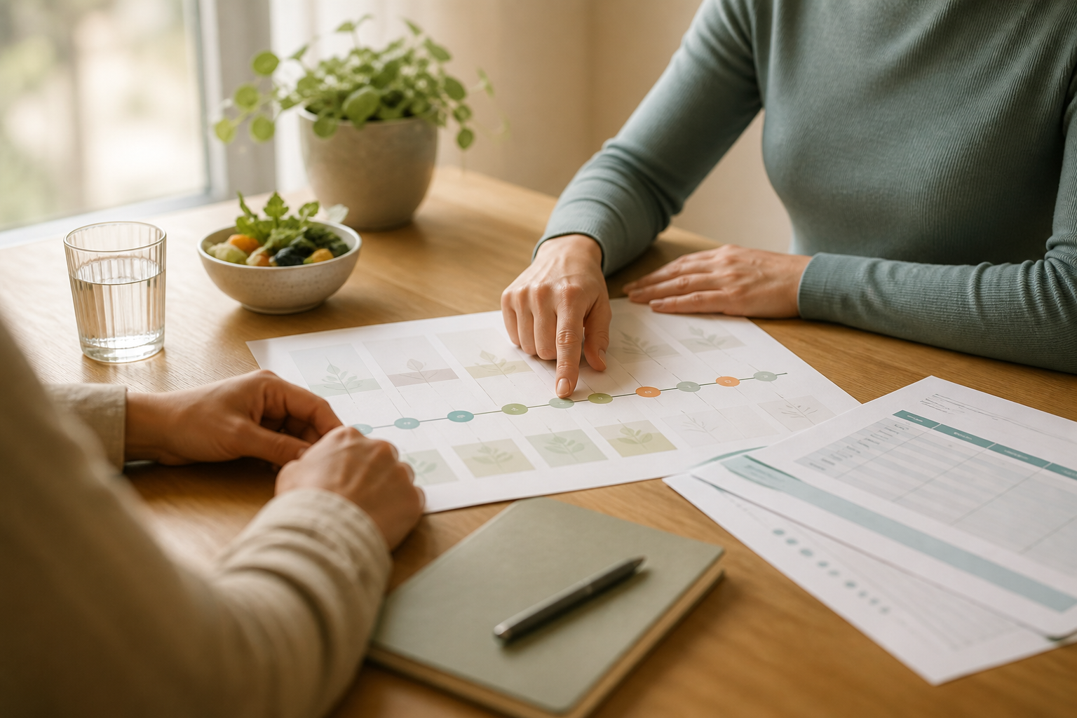 Two people thoughtfully reviewing a whole-person health timeline during a consultation