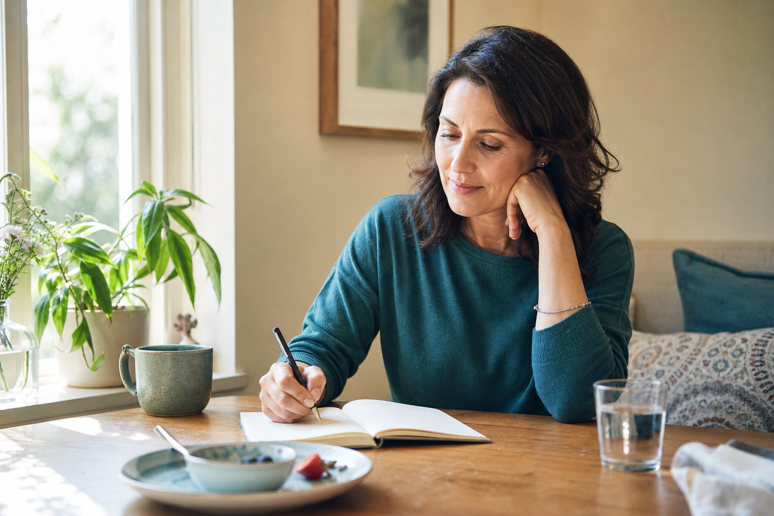 A woman thoughtfully completing a food, mood, and symptom journal