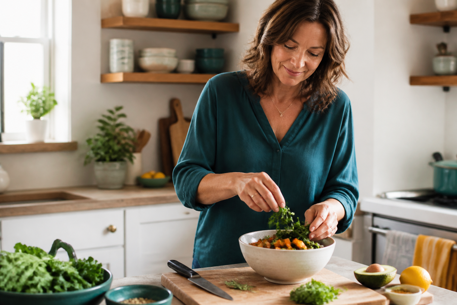 A woman making a manageable nutrition change in her everyday kitchen