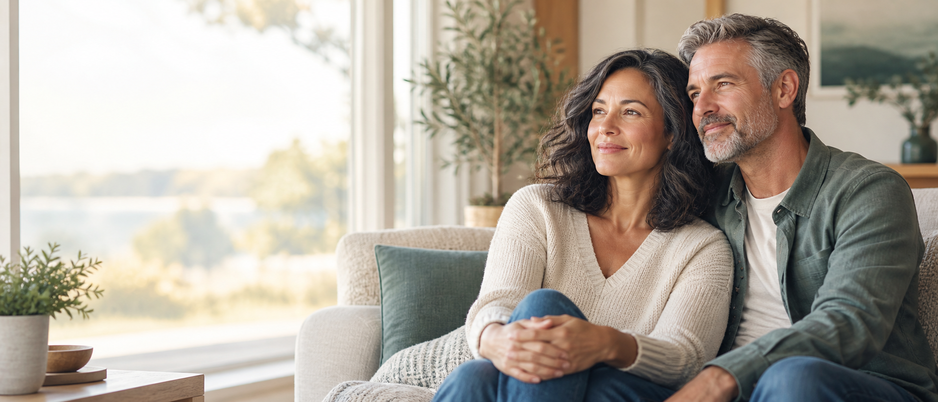 A couple in midlife sharing a calm, hopeful moment at home