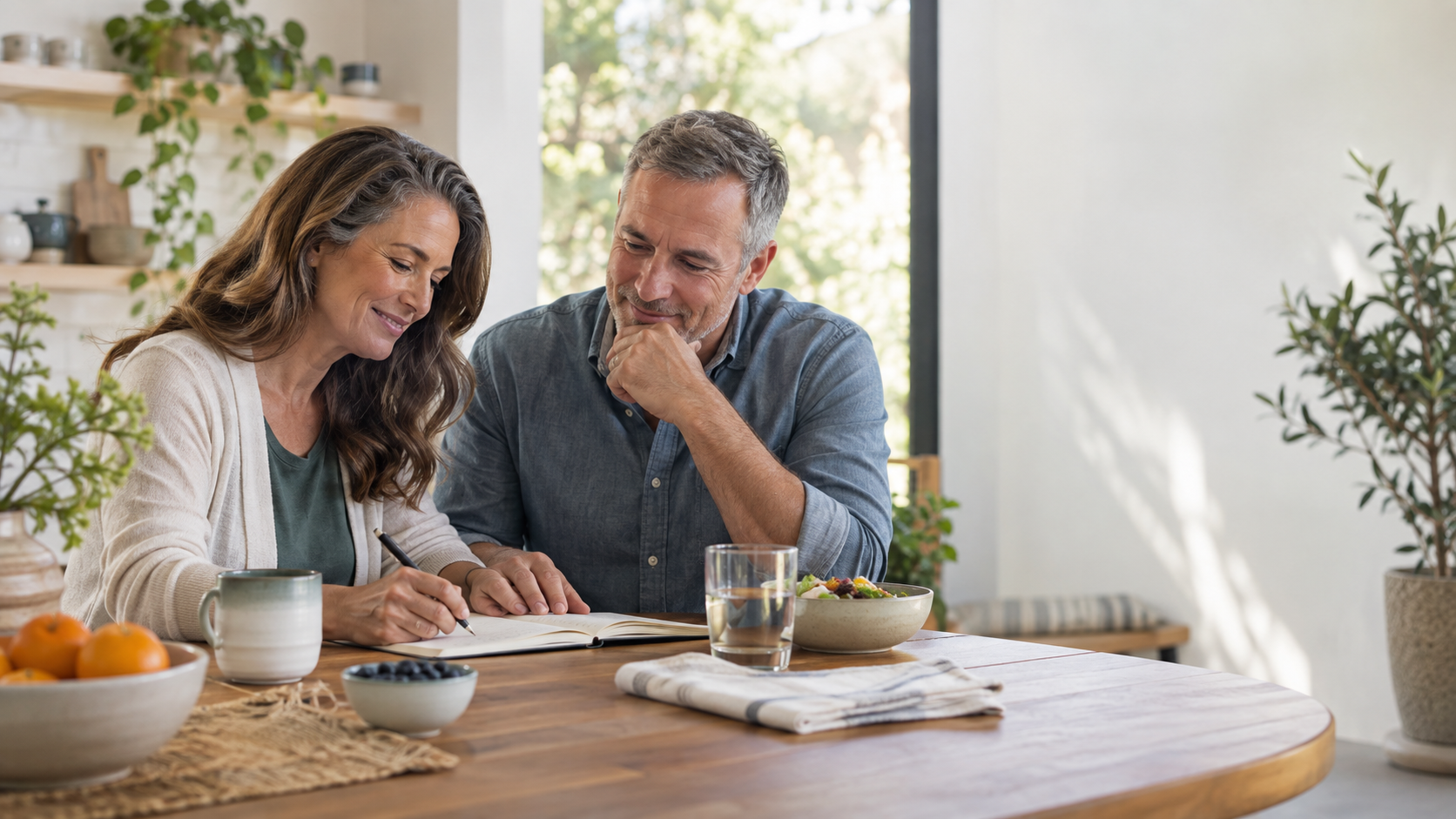 A couple reviewing a wellness journal and practical health habits together