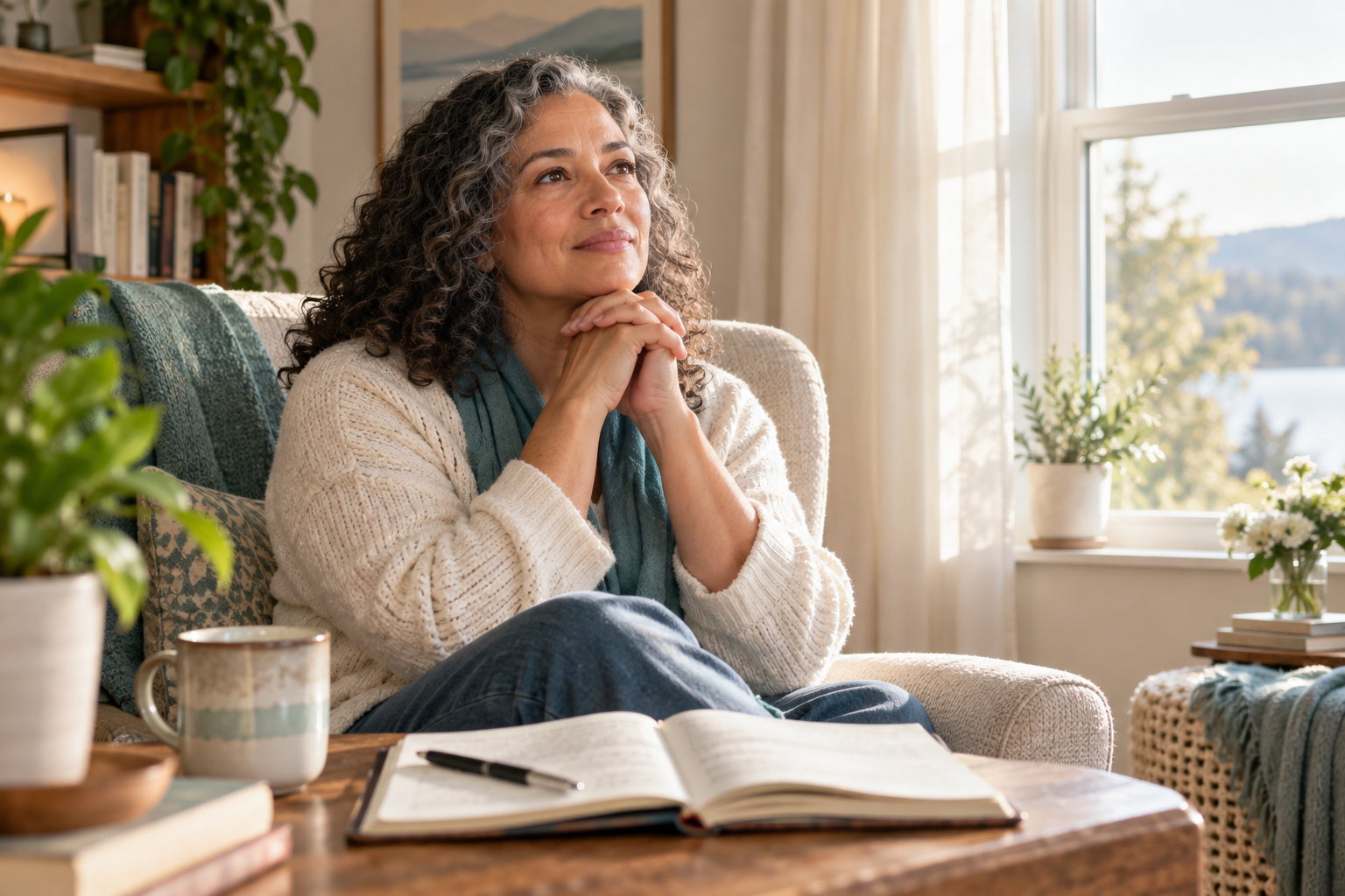 A woman pausing for prayer and reflection beside an open journal
