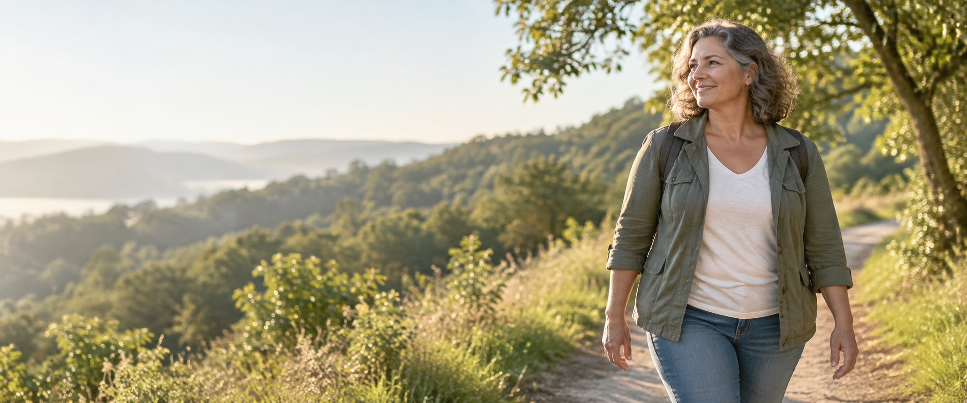 A woman in midlife enjoying a peaceful walk outdoors