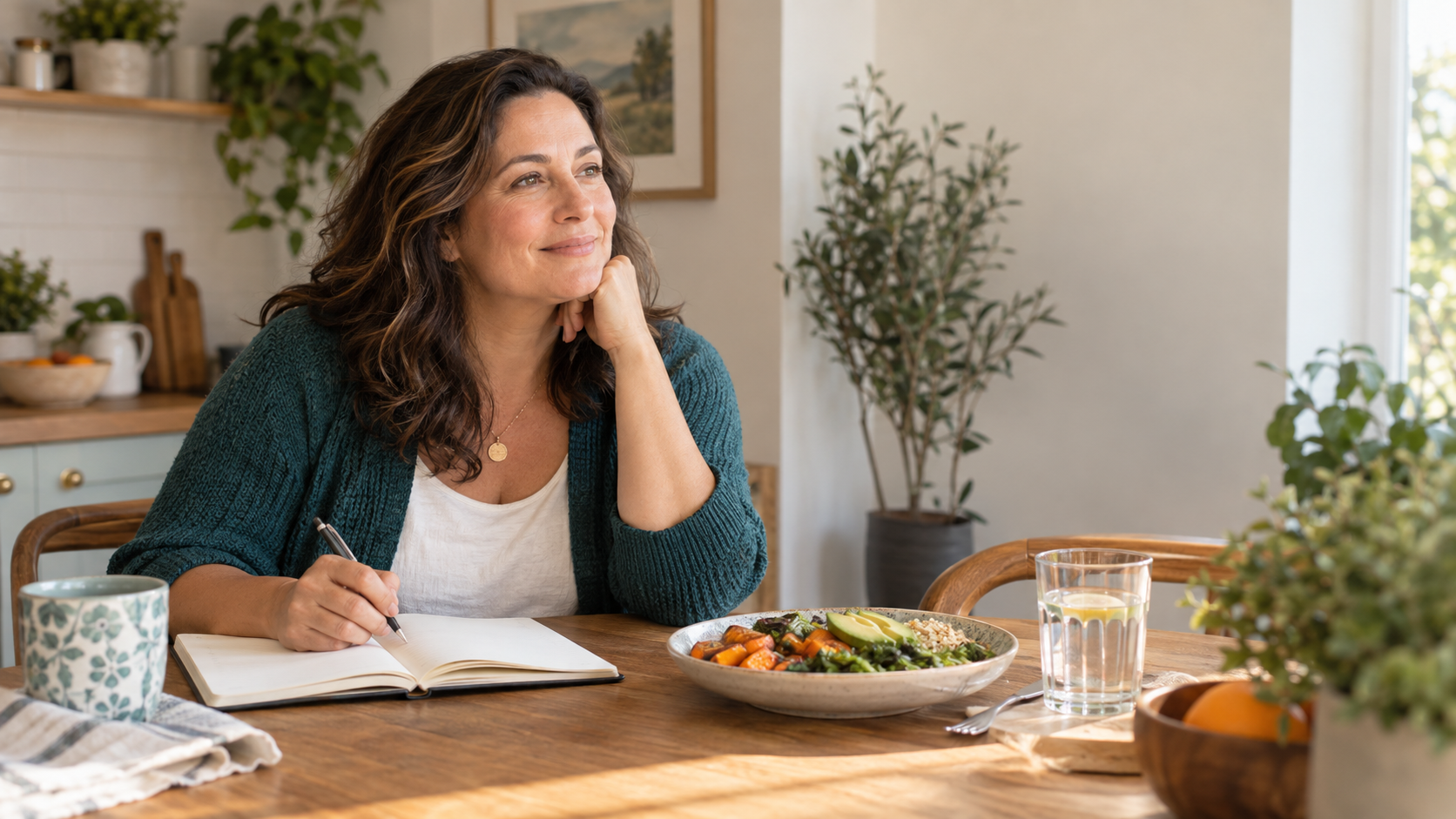 A woman reflecting on manageable health habits in a wellness journal